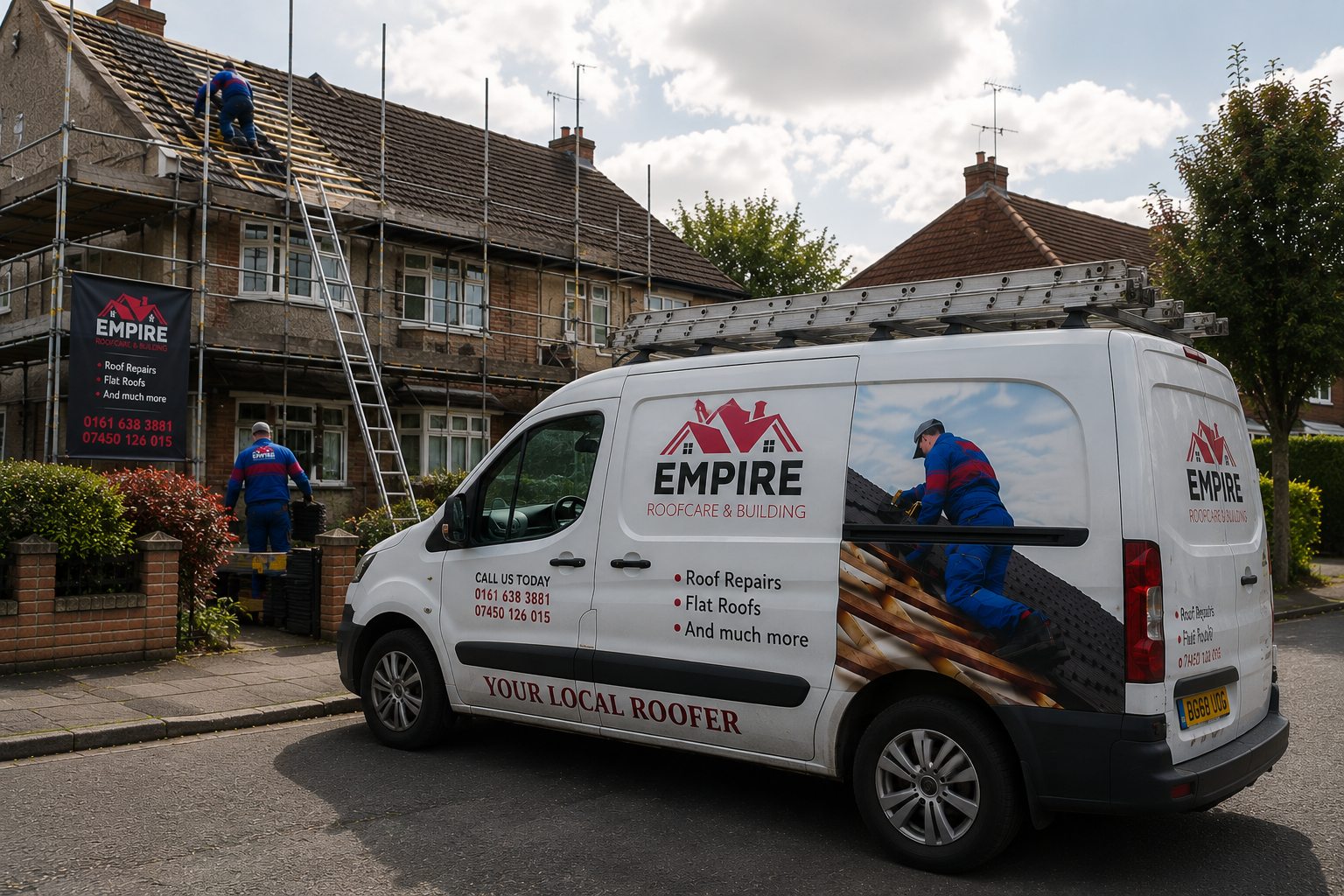 Empire Roofcare & Building roofers re-roofing a property in Stockport